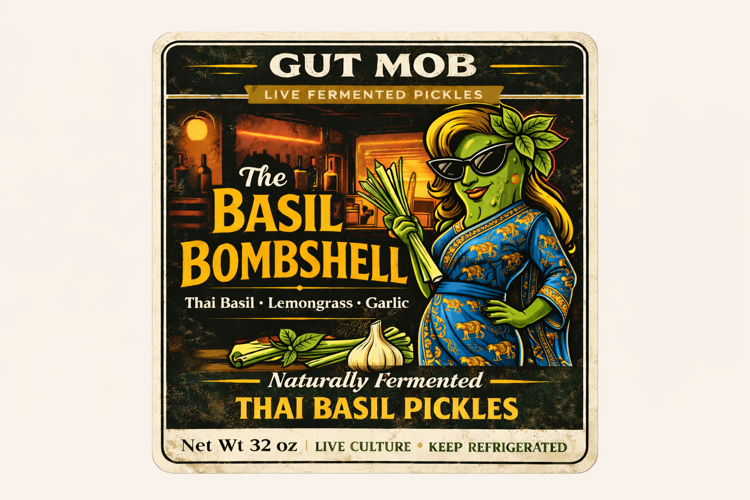 The Basil Bombshell Gut Mob label showing a glamorous pickle character in a patterned blue dress holding Thai basil and scallions.