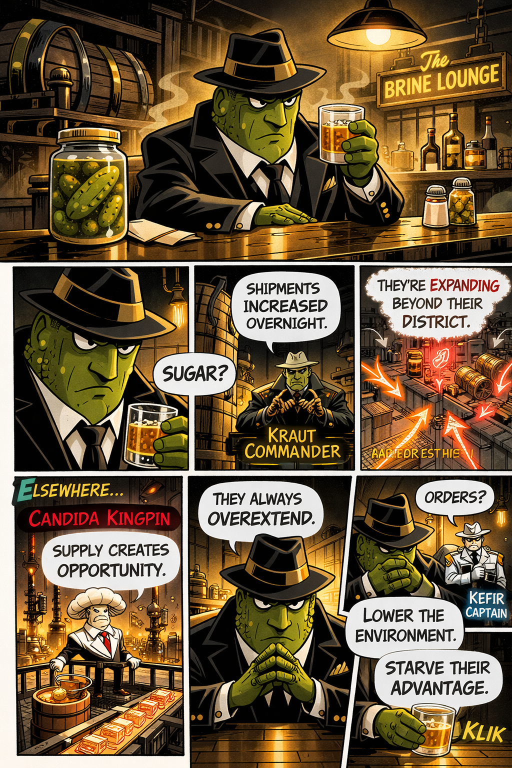 Gut City comic reference panel showing The Gutfather in the Brine Lounge as shipments expand and rival factions react across the city.