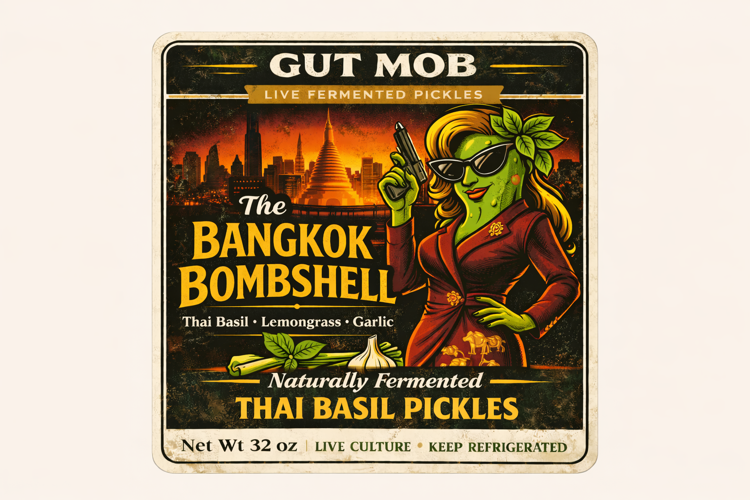 The Bangkok Bombshell label showing a glamorous pickle character against a city skyline holding a pistol.