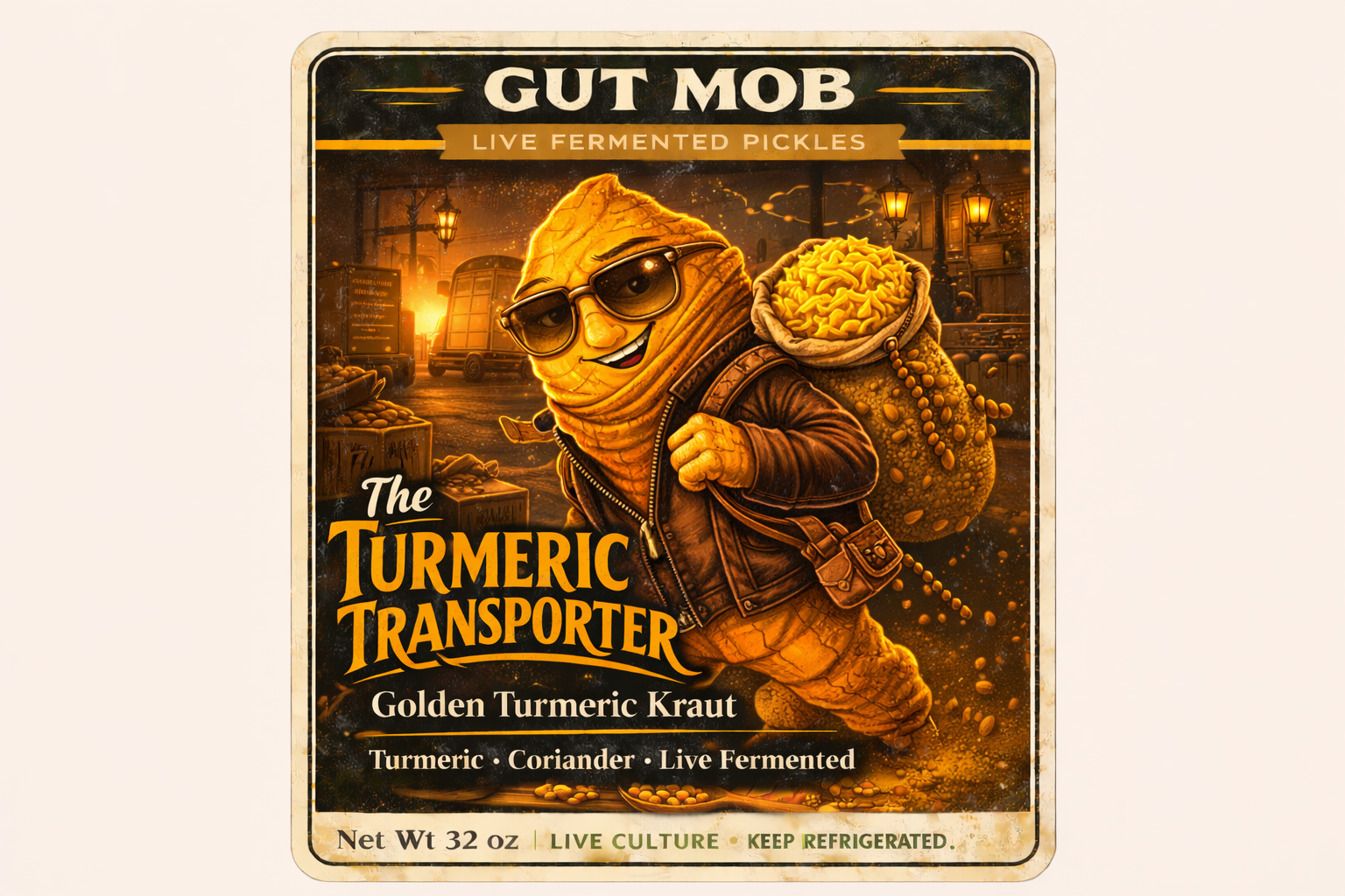 The Turmeric Transporter Gut Mob label showing a turmeric character carrying a sack of kraut through a glowing night street.