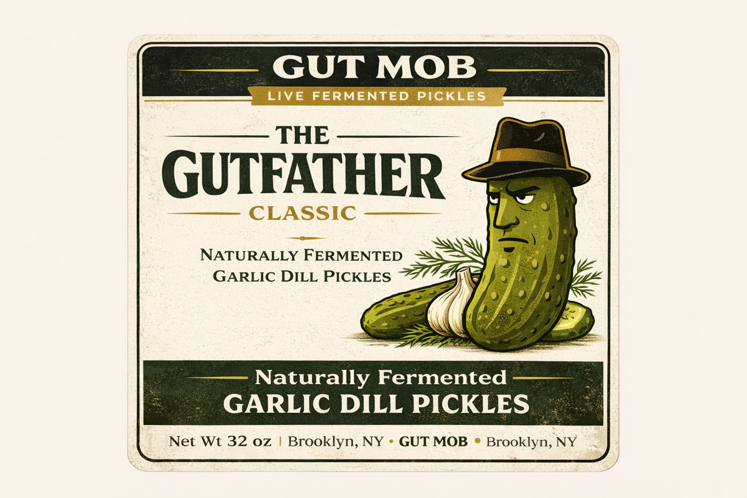 The Gutfather clean cream label showing a stern pickle character in a fedora beside garlic and dill.